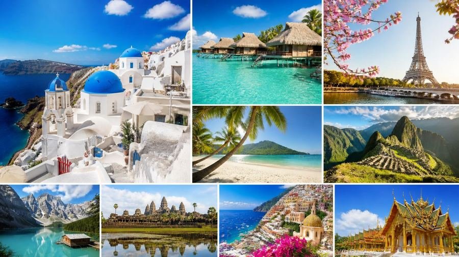 Collage of world destinations including Santorini, an overwater bungalow resort, and a tropical beach