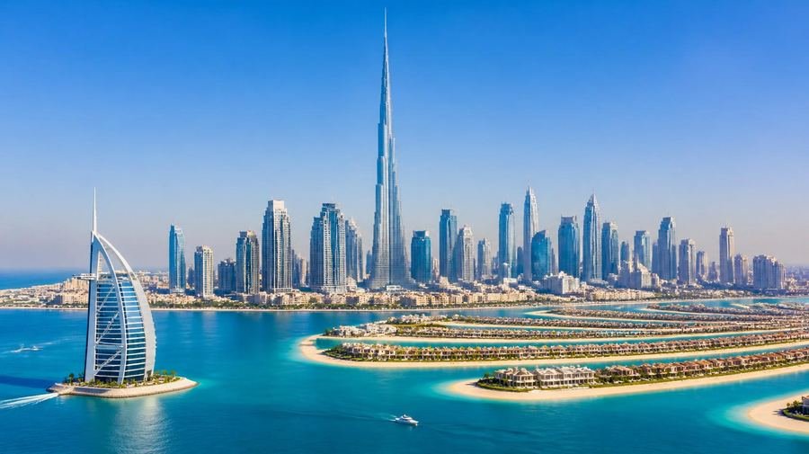 Dubai skyline with the Burj Khalifa and Palm Jumeirah waterfront