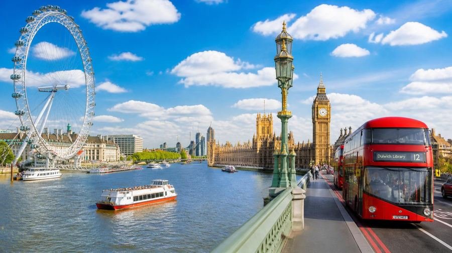 London skyline with Big Ben, the Houses of Parliament and the London Eye along the Thames